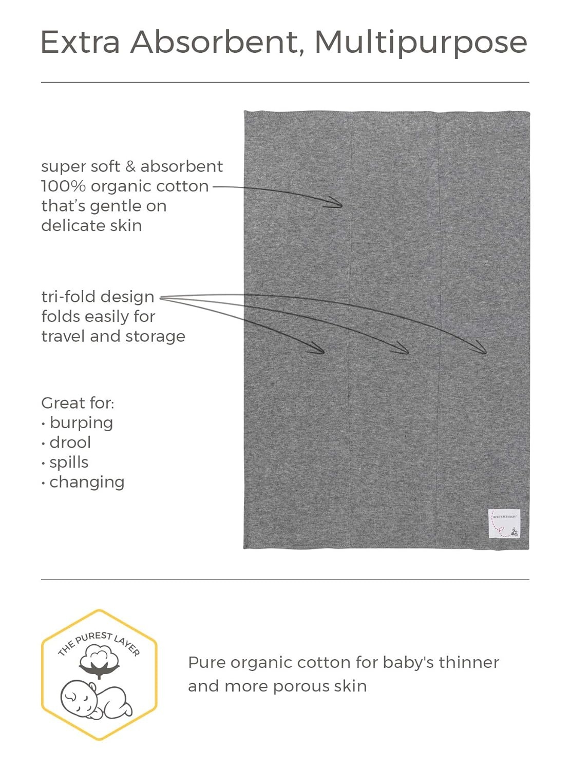 image:imageBurts Bees Baby Burp Cloths 100 Organic Cotton Extra Absorbent Soft Fabric Large Drool Cloths 17 x 1175 in 5PackCloud White Solid