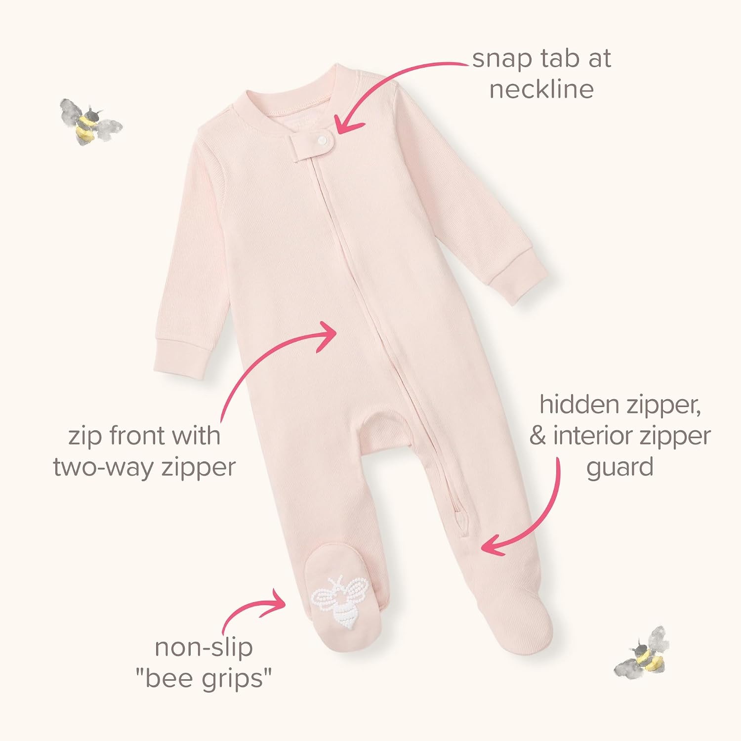 image:imageBurts Bees Baby Organic Cotton Sleep and Play Footed Pajamas for Girls Zipper PJ Newborn Sleeper with NonSlip Bee GripsKyoto
