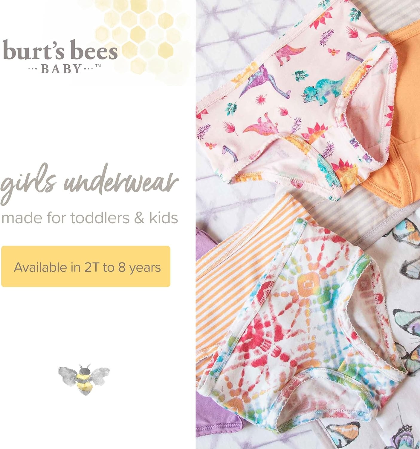 image:imageBurts Bees Baby Toddler Girls Underwear Set of 5 Solids StripesPrints TagFree with Sizes for 2T to 8 Years OldFloral Guitars