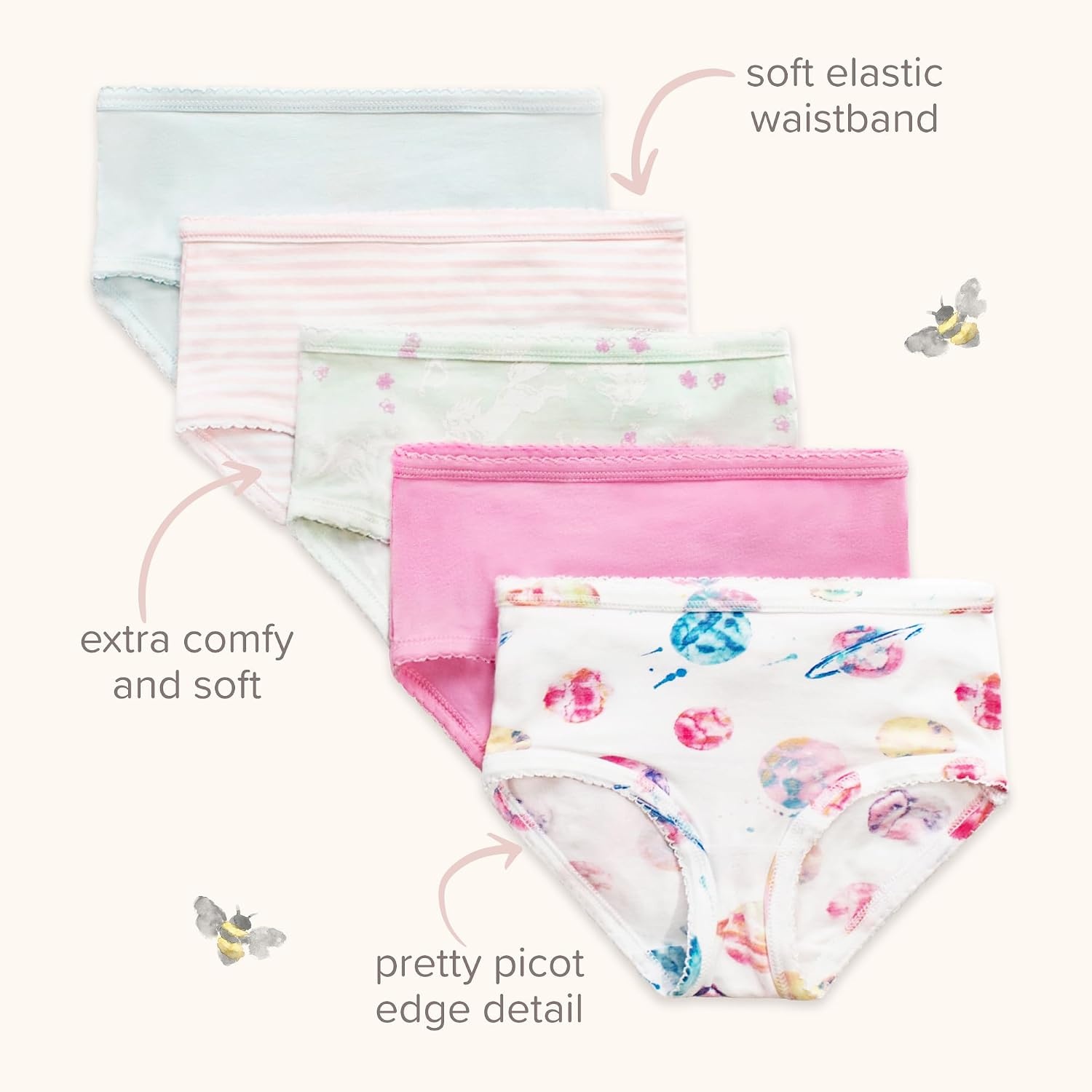 image:imageBurts Bees Baby Toddler Girls Underwear Set of 5 Solids StripesPrints TagFree with Sizes for 2T to 8 Years OldFloral Guitars