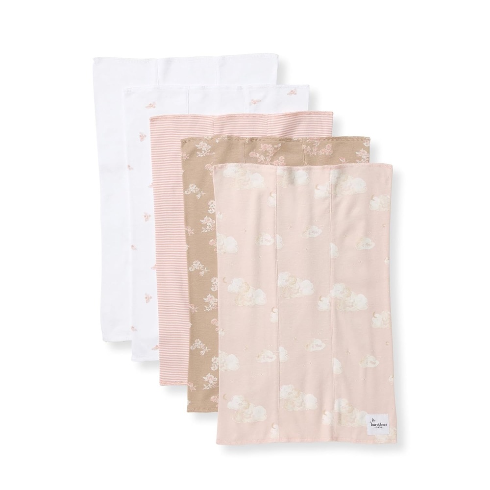 image:imageBurts Bees Baby Burp Cloths 100 Organic Cotton Extra Absorbent Soft Fabric Large Drool Cloths 17 x 1175 in 5PackWhimsical Floral