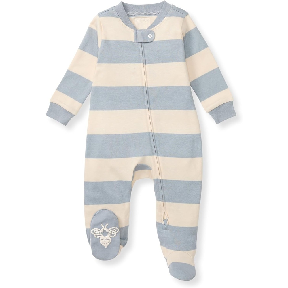 image:imageBurts Bees Baby Organic Cotton Sleep and Play Footed Pajamas for BoysQuarry Blue Rugby Stripe
