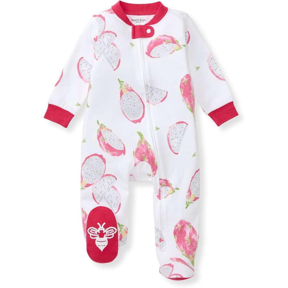 image:imageBurts Bees Baby Organic Cotton Sleep and Play Footed Pajamas for Girls Zipper PJ Newborn Sleeper with NonSlip Bee GripsDragon Fruit