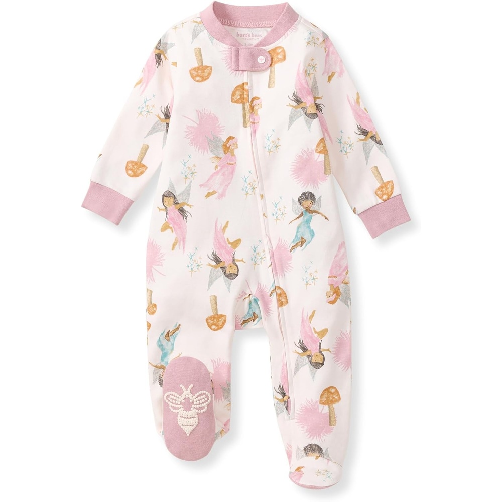 image:imageBurts Bees Baby Organic Cotton Sleep and Play Footed Pajamas for Girls Zipper PJ Newborn Sleeper with NonSlip Bee GripsFairy Garden