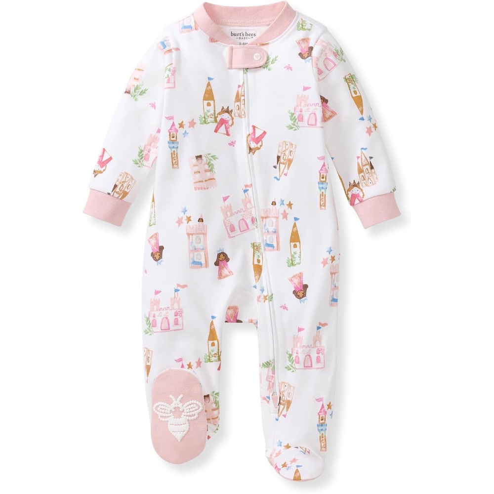 image:imageBurts Bees Baby Organic Cotton Sleep and Play Footed Pajamas for Girls Zipper PJ Newborn Sleeper with NonSlip Bee GripsFairytale Castle