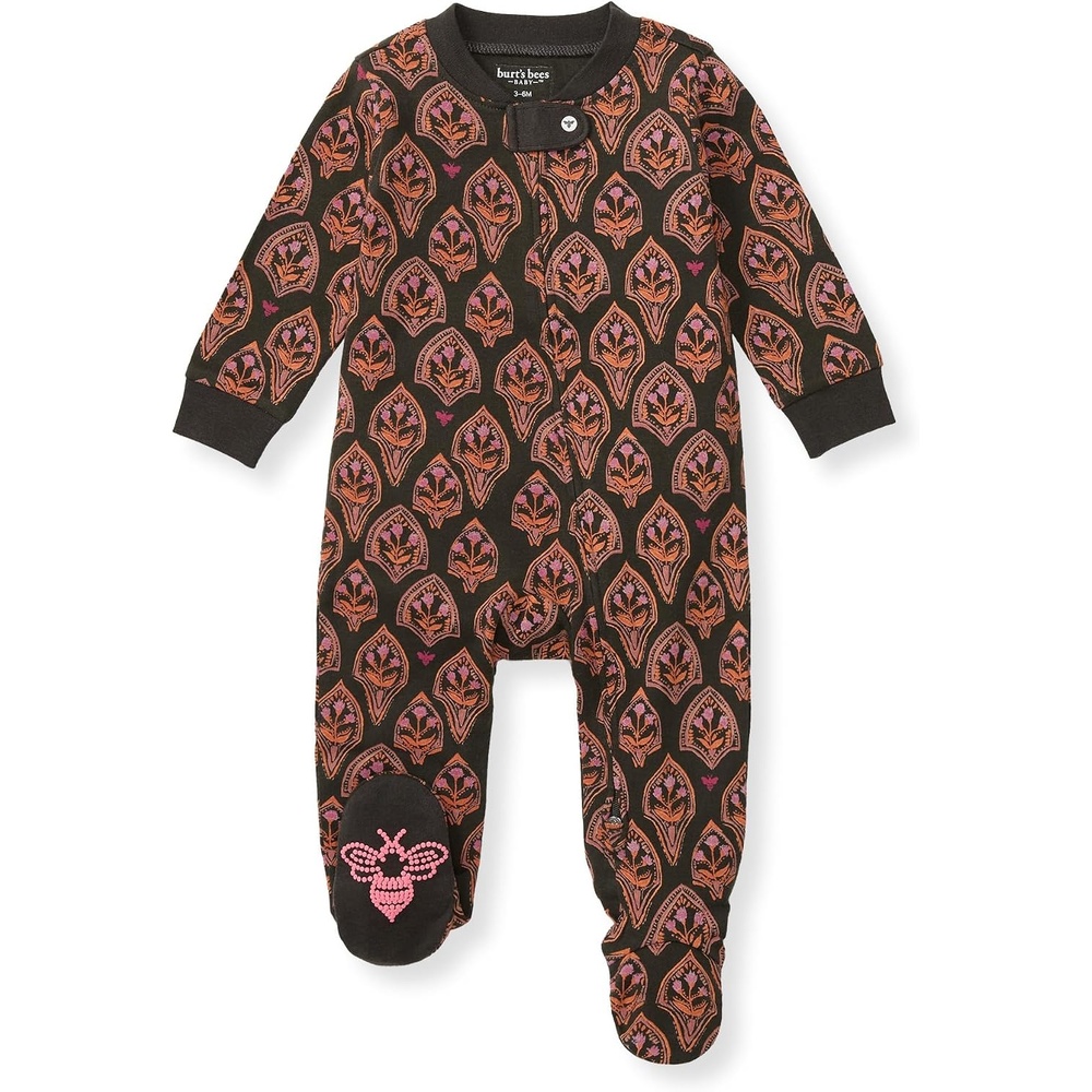 image:imageBurts Bees Baby Organic Cotton Sleep and Play Footed Pajamas for Girls Zipper PJ Newborn Sleeper with NonSlip Bee GripsFloral Arches
