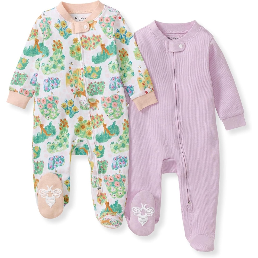 image:imageBurts Bees Baby Organic Cotton Sleep and Play Footed Pajamas for Girls Zipper PJ Newborn Sleeper with NonSlip Bee GripsGarden Paths