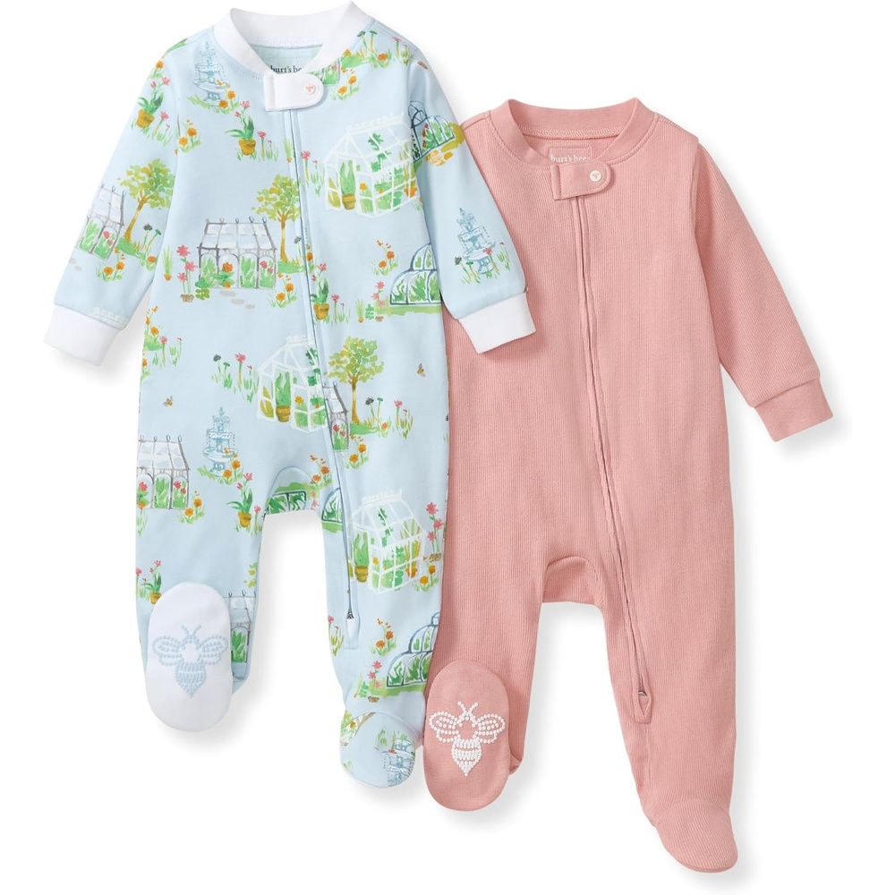 image:imageBurts Bees Baby Organic Cotton Sleep and Play Footed Pajamas for Girls Zipper PJ Newborn Sleeper with NonSlip Bee GripsGreen Houses