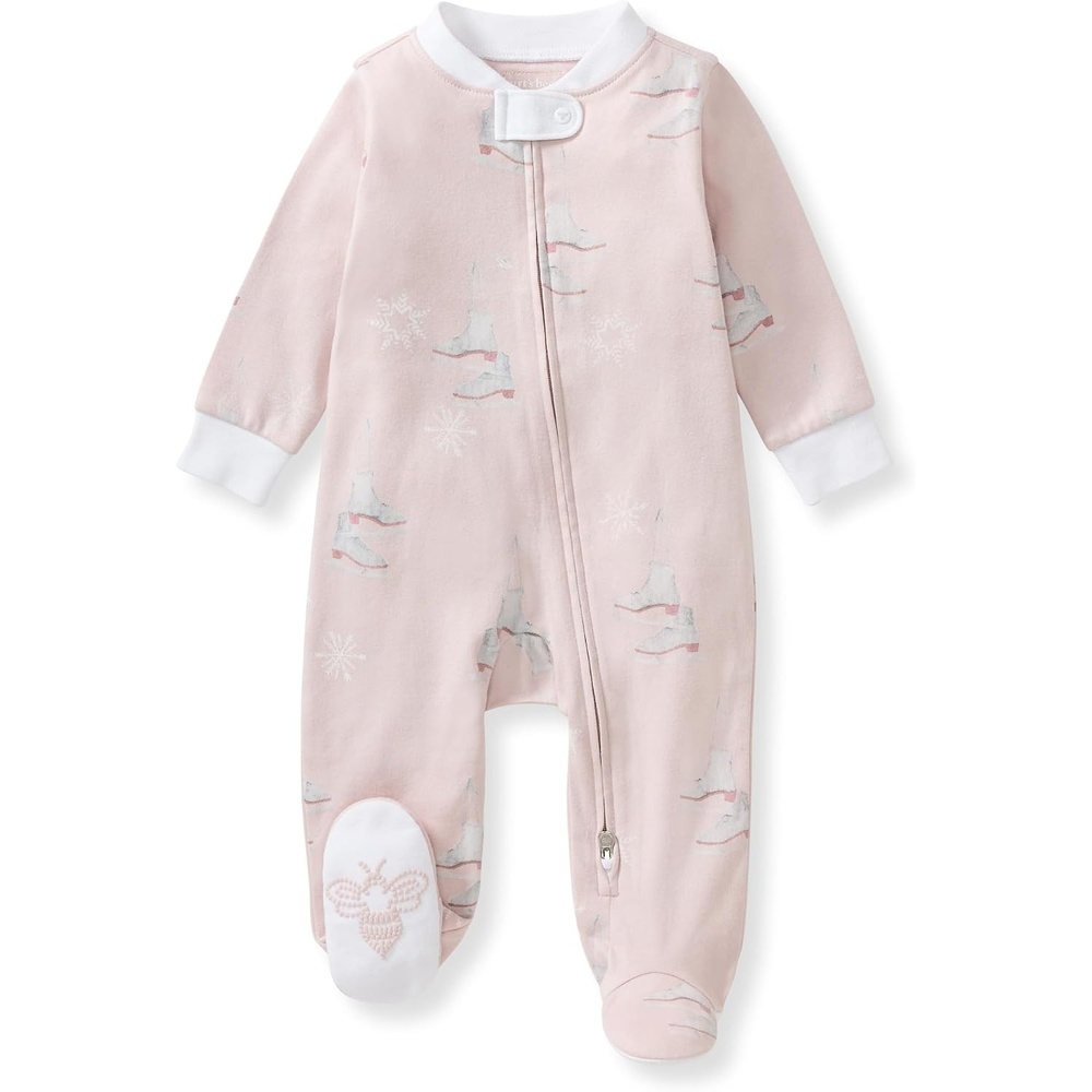 image:imageBurts Bees Baby Organic Cotton Sleep and Play Footed Pajamas for Girls Zipper PJ Newborn Sleeper with NonSlip Bee GripsIce Skates
