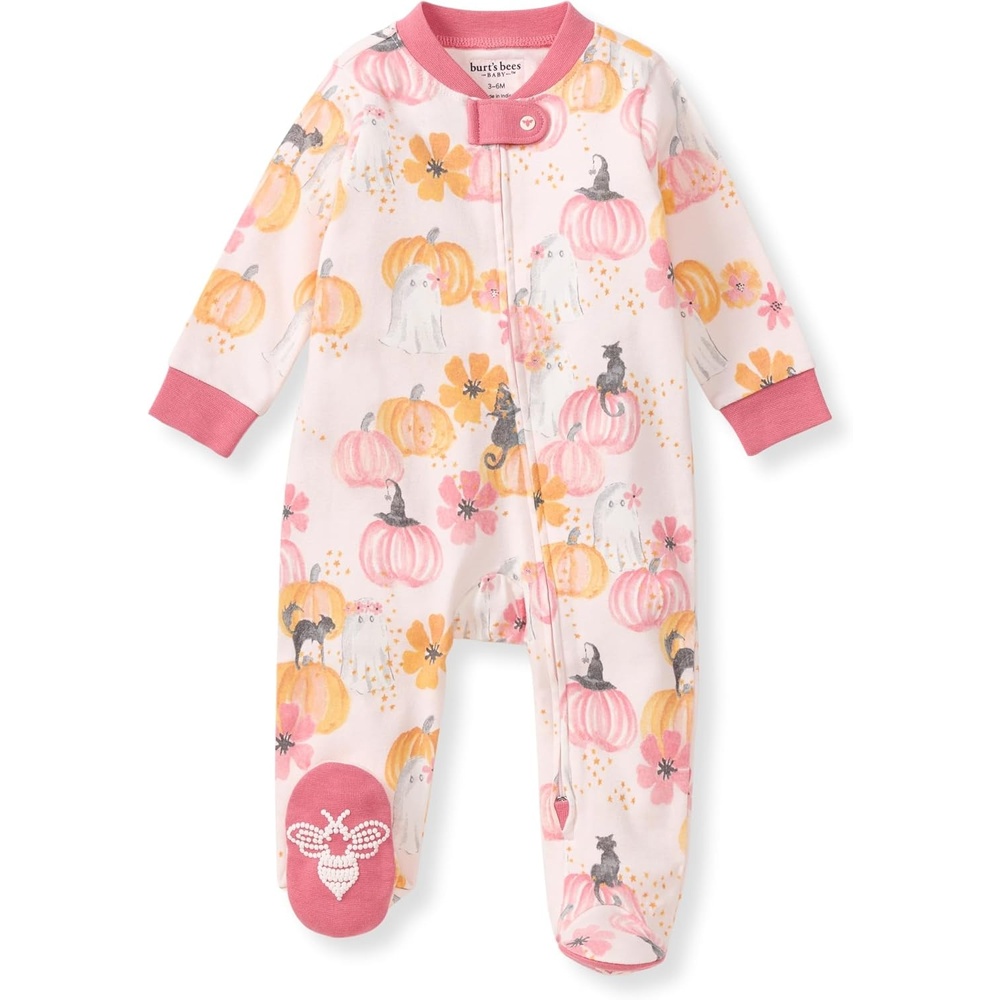 image:imageBurts Bees Baby Organic Cotton Sleep and Play Footed Pajamas for Girls Zipper PJ Newborn Sleeper with NonSlip Bee GripsMagical Pumpkins