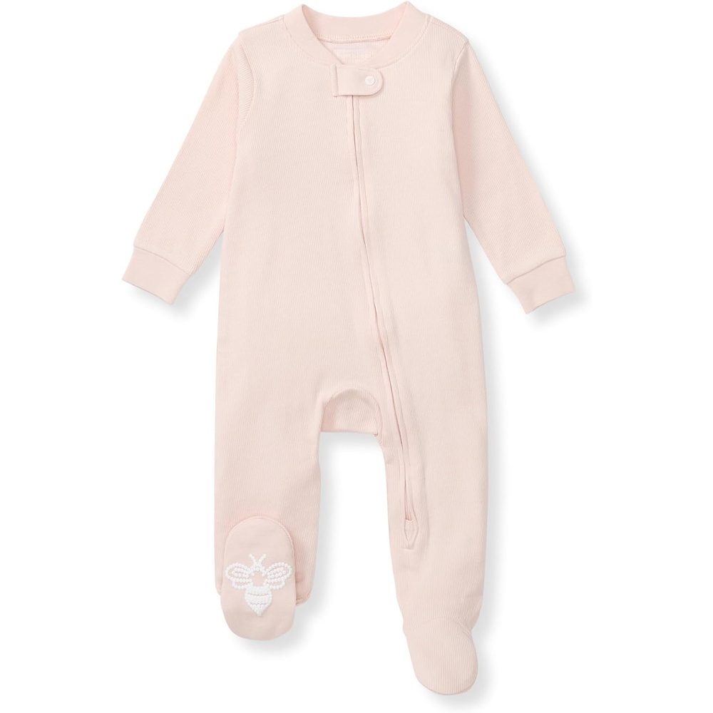 image:imageBurts Bees Baby Organic Cotton Sleep and Play Footed Pajamas for Girls Zipper PJ Newborn Sleeper with NonSlip Bee GripsPink Solid Rib