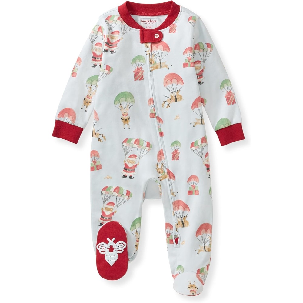 image:imageBurts Bees Baby Organic Cotton Sleep and Play Footed Pajamas for Girls Zipper PJ Newborn Sleeper with NonSlip Bee GripsSanta in the Sky