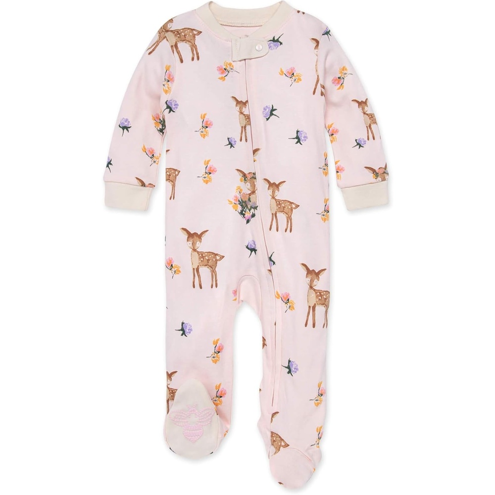 image:imageBurts Bees Baby Organic Cotton Sleep and Play Footed Pajamas for Girls Zipper PJ Newborn Sleeper with NonSlip Bee GripsSweet Doe