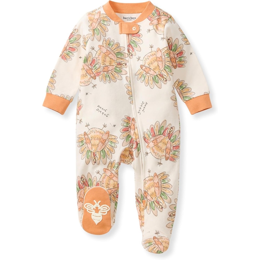 image:imageBurts Bees Baby Organic Cotton Sleep and Play Footed Pajamas for Girls Zipper PJ Newborn Sleeper with NonSlip Bee GripsVivid Turkey