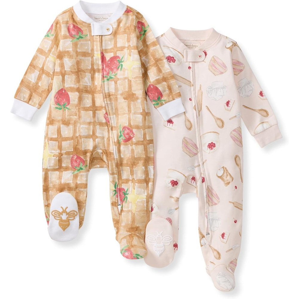 image:imageBurts Bees Baby Organic Cotton Sleep and Play Footed Pajamas for Girls Zipper PJ Newborn Sleeper with NonSlip Bee GripsWaffle Cheesecake