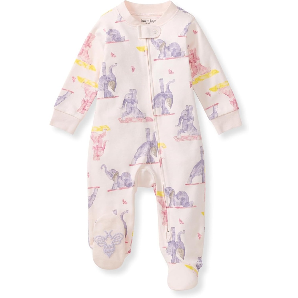image:imageBurts Bees Baby Organic Cotton Sleep and Play Footed Pajamas for Girls Zipper PJ Newborn Sleeper with NonSlip Bee GripsYogi Elephants