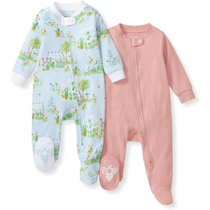 Burt’s Bees Baby Organic Cotton Sleep and Play Footed Pajamas for Girls, Zipper PJ Newborn Sleeper with Non-Slip Bee Grips(Green Houses)