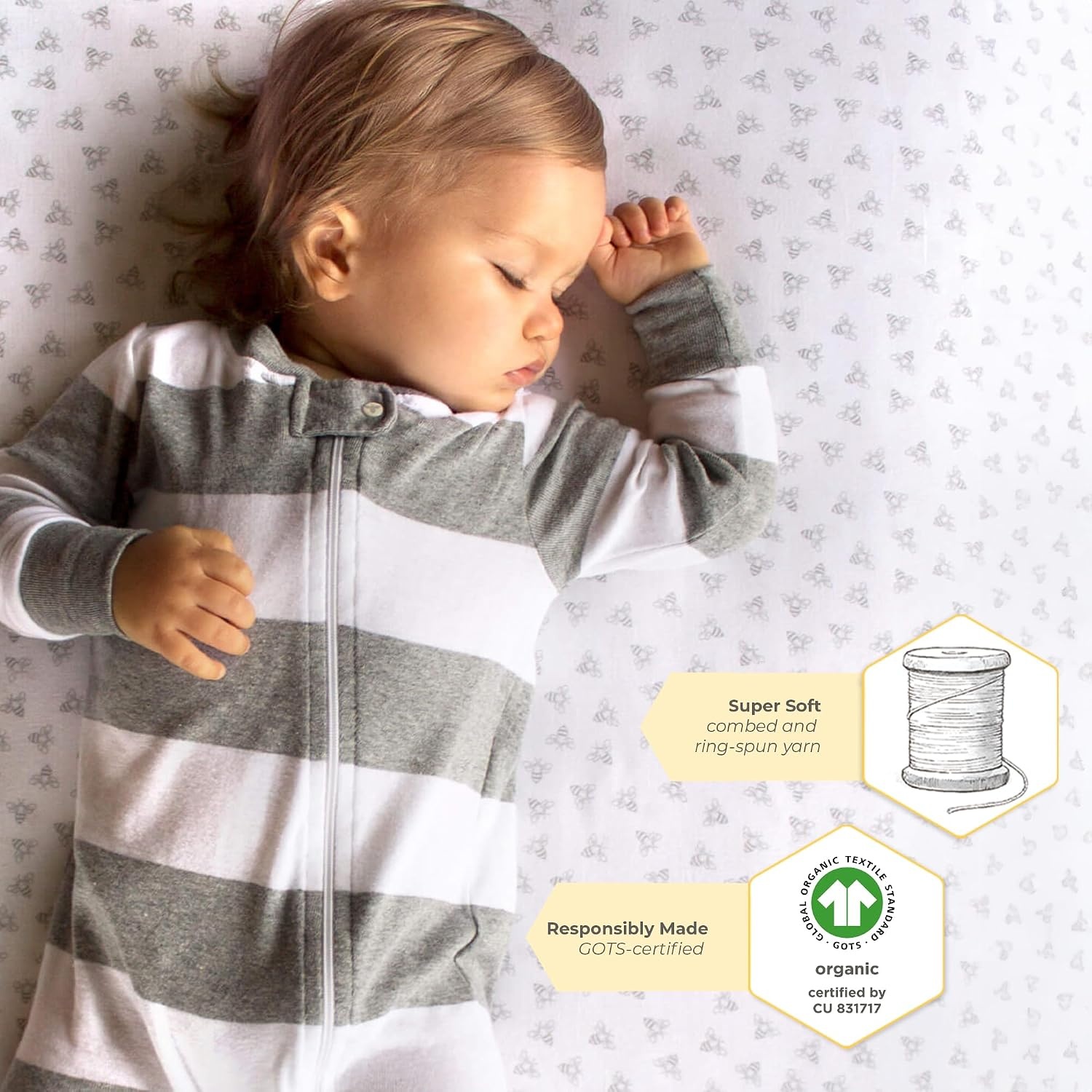 image:imageBurts Bees Baby Fitted Crib Sheet Girls Boys amp Unisex 100 Organic Cotton Crib Sheet for Standard Crib amp Toddler MattressesGrey Bees