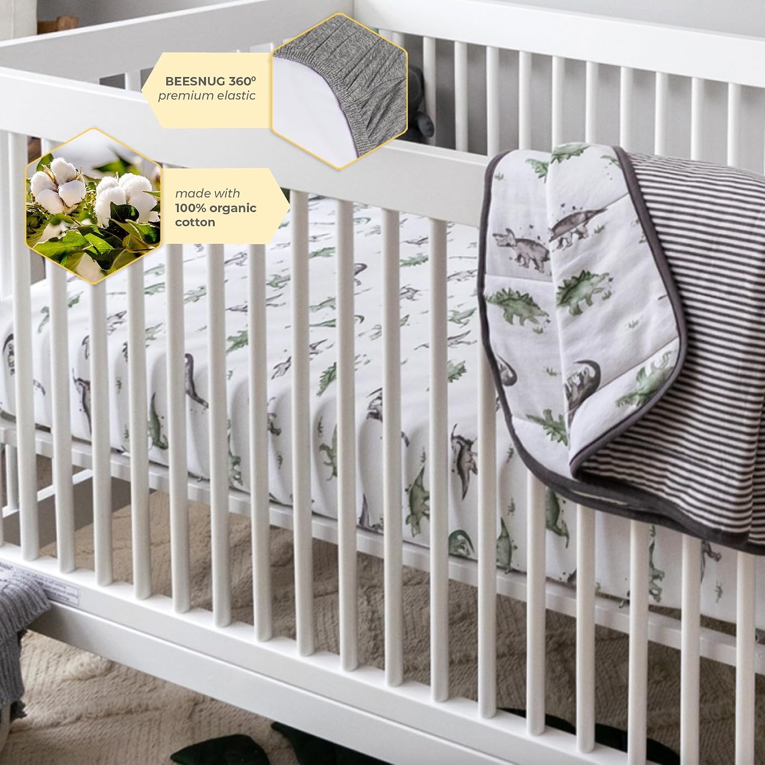 image:imageBurts Bees Baby Fitted Crib Sheet Girls Boys amp Unisex 100 Organic Cotton Crib Sheet for Standard Crib amp Toddler MattressesHappy Herbivores