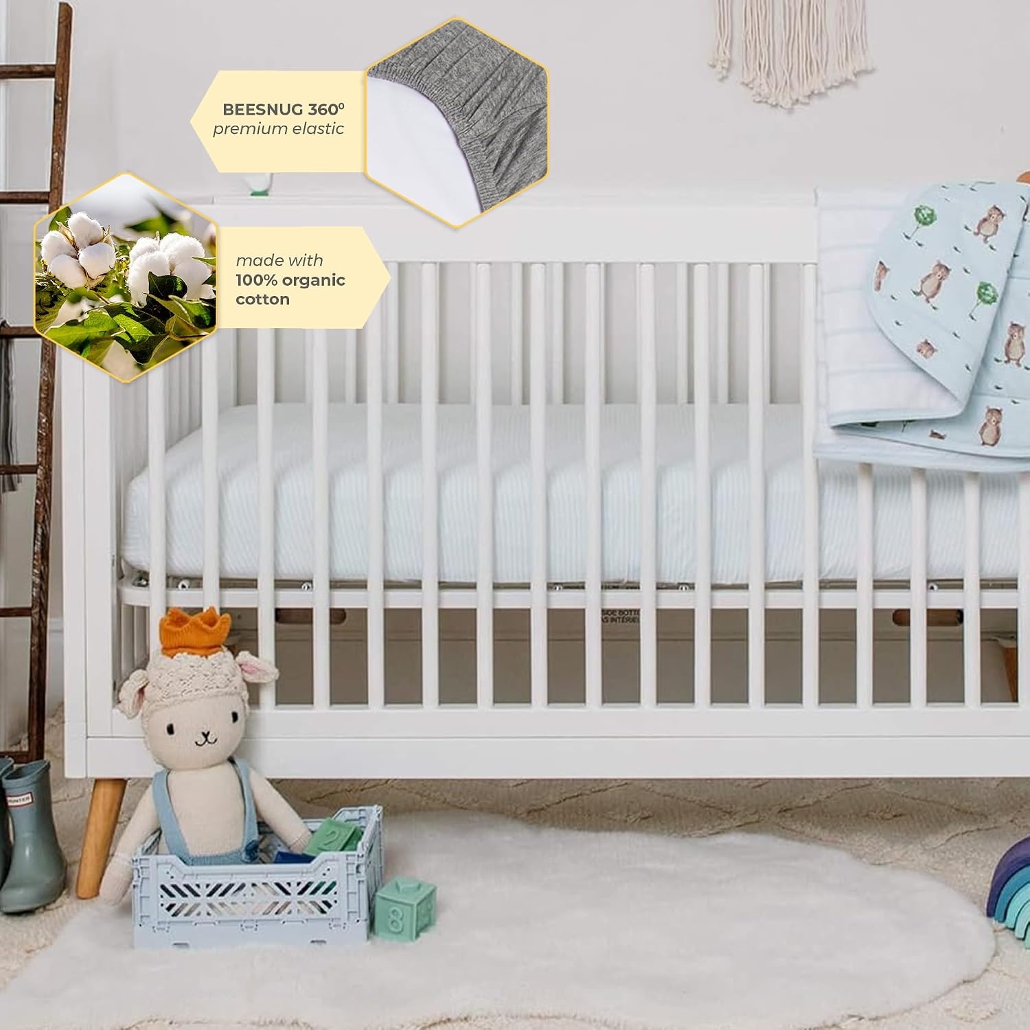 image:imageBurts Bees Baby Fitted Crib Sheet Girls Boys amp Unisex 100 Organic Cotton Crib Sheet for Standard Crib amp Toddler MattressesLight Blue Stripe