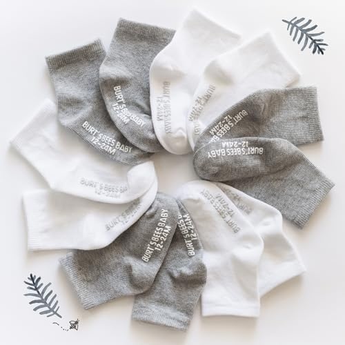 image:imageBurts Bees Baby Baby Girls Ankle Socks with NonSlip Grips Organic Soft Cotton Toddler Socks Baby Essential 6PackSolid GreyWhite