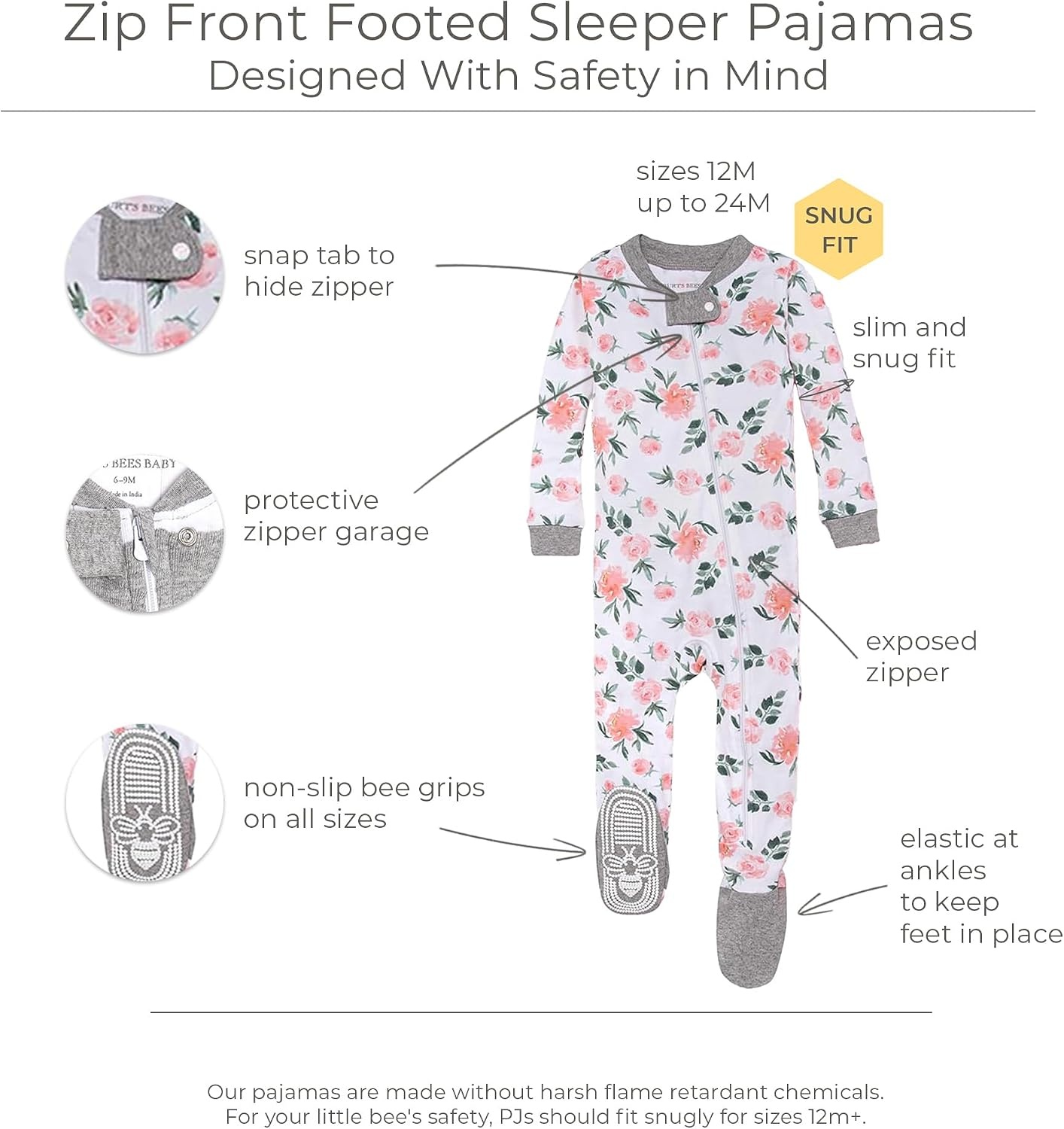 image:imageBurts Bees Baby Baby Girls Sleeper Pajamas 100 Organic Cotton Onepiece PJs Diagonal Zip Up Jumpsuit Snug Fit FootieAutumn Blooms