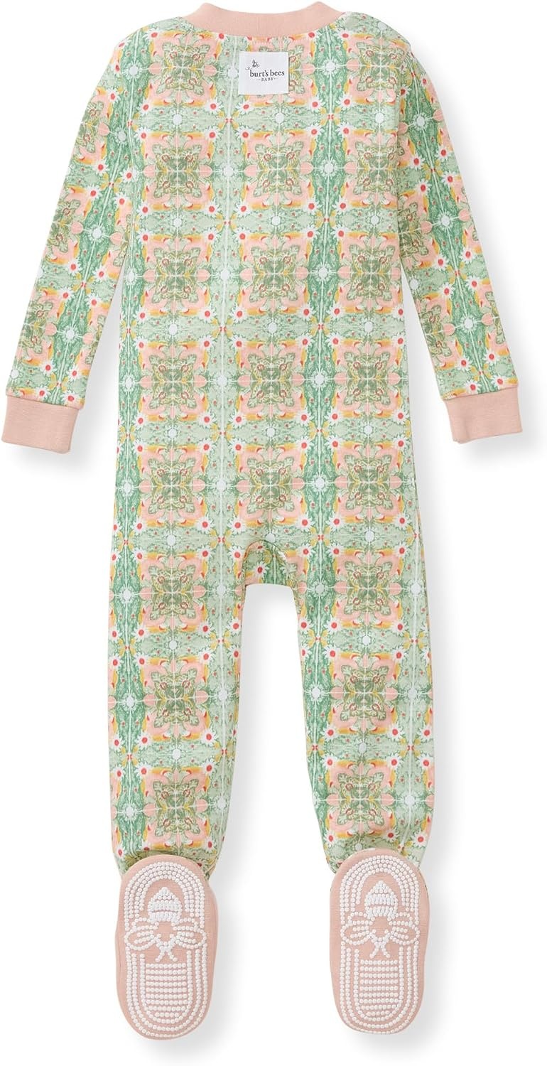 image:imageBurts Bees Baby Baby Girls Sleeper Pajamas 100 Organic Cotton Onepiece PJs Diagonal Zip Up Jumpsuit Snug Fit FootieFloral Tile