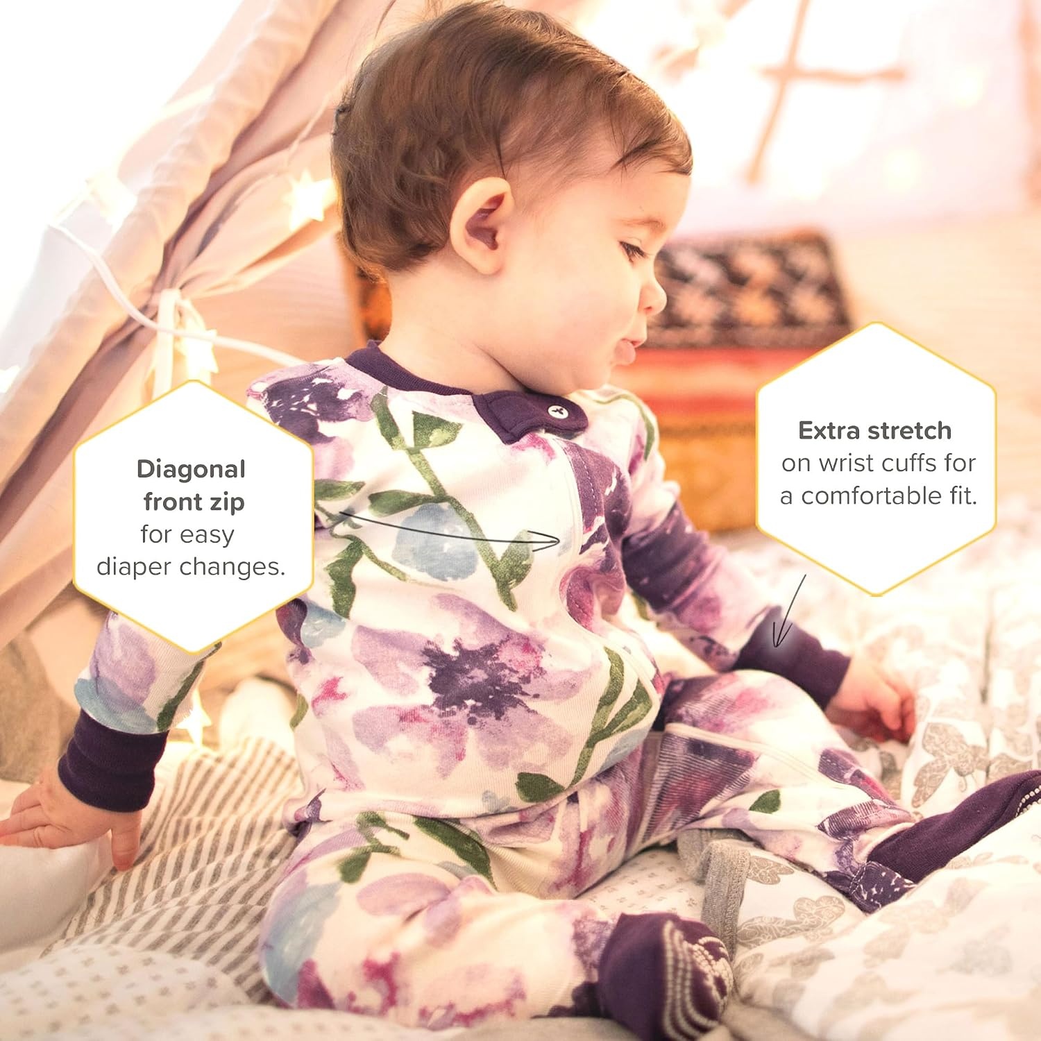 image:imageBurts Bees Baby Baby Girls Sleeper Pajamas 100 Organic Cotton Onepiece PJs Diagonal Zip Up Jumpsuit Snug Fit FootiePurple Watercolor Daylily