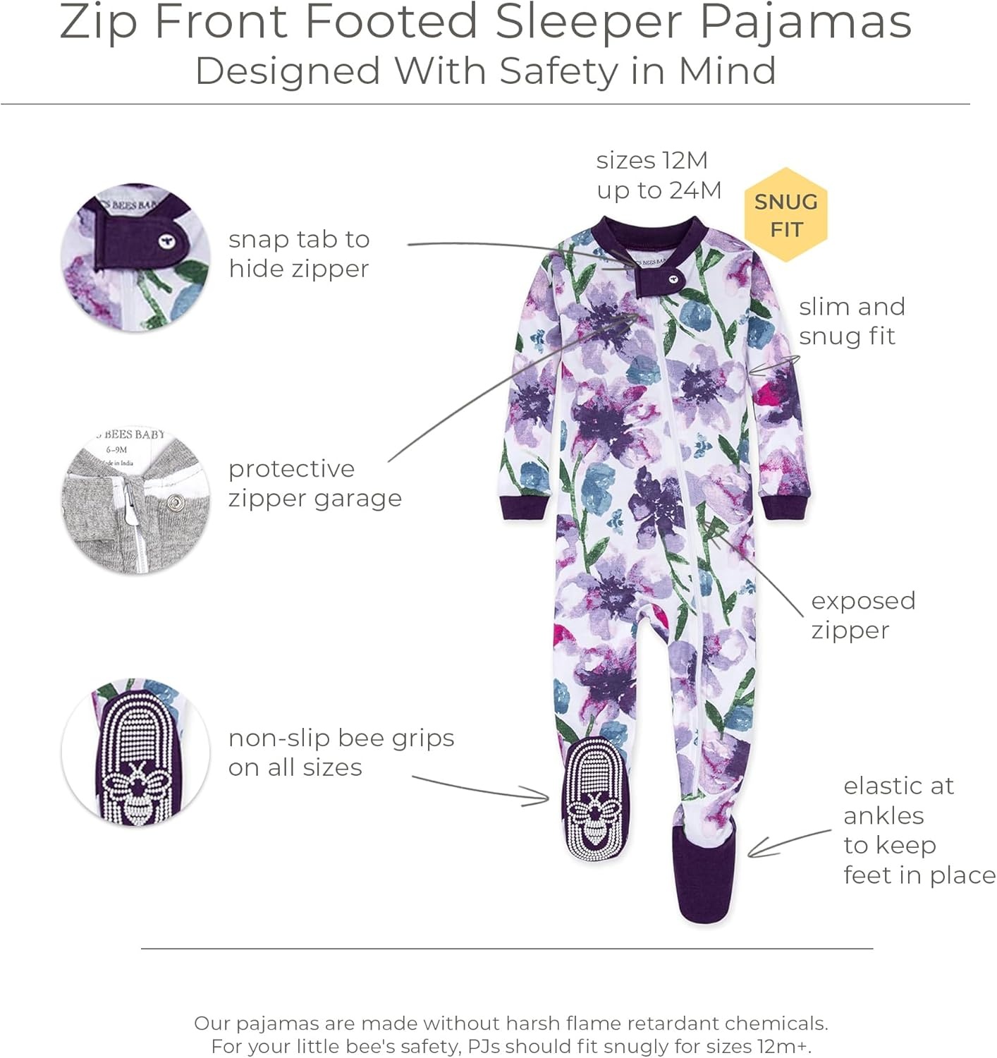 image:imageBurts Bees Baby Baby Girls Sleeper Pajamas 100 Organic Cotton Onepiece PJs Diagonal Zip Up Jumpsuit Snug Fit FootiePurple Watercolor Daylily