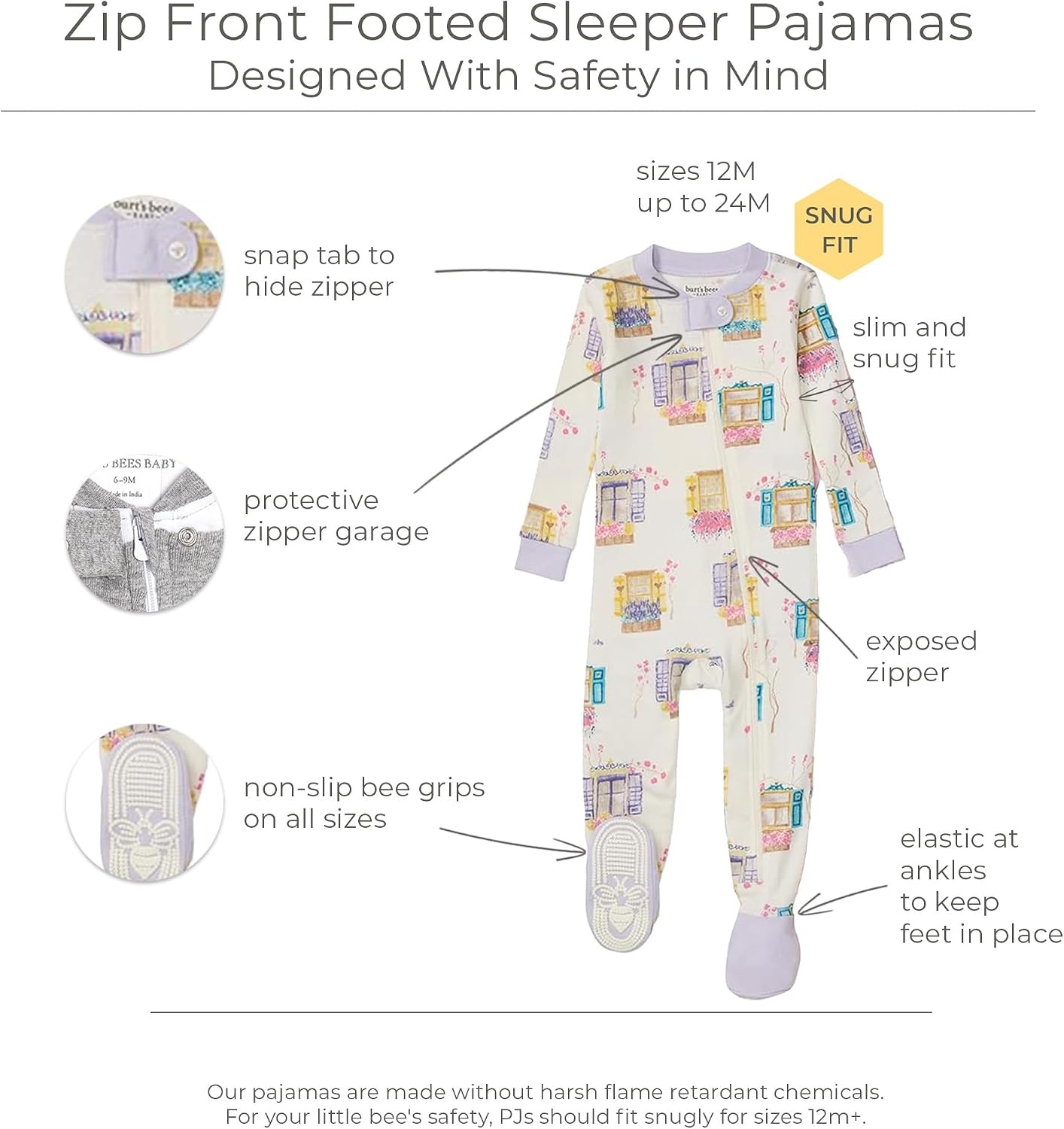 image:imageBurts Bees Baby Baby Girls Sleeper Pajamas 100 Organic Cotton Onepiece PJs Diagonal Zip Up Jumpsuit Snug Fit FootieSwiss Chalet