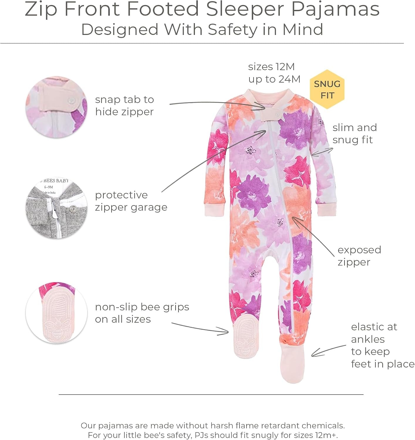 image:imageBurts Bees Baby Baby Girls Sleeper Pajamas 100 Organic Cotton Onepiece PJs Diagonal Zip Up Jumpsuit Snug Fit FootieWatercolor Spring