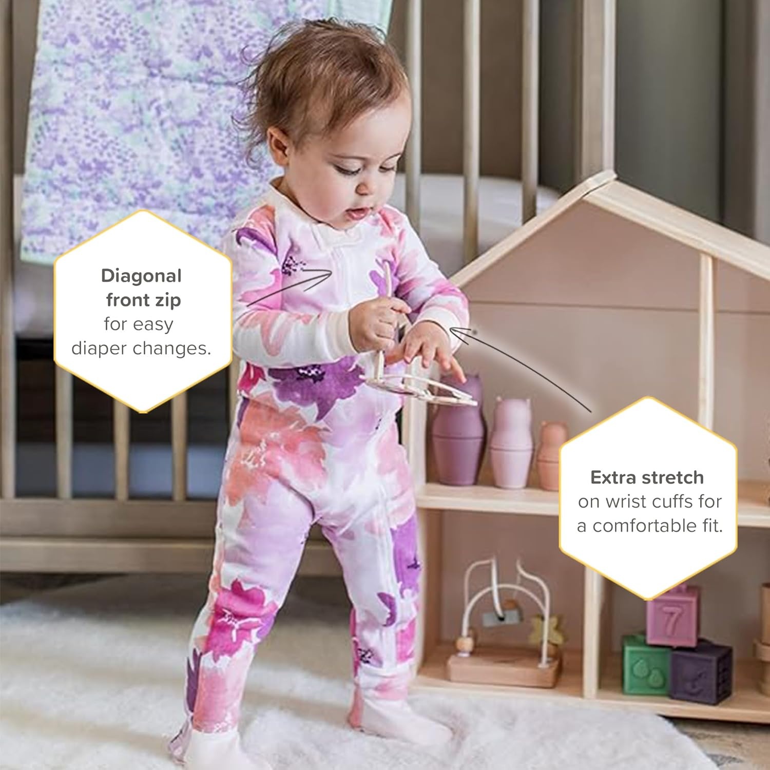 image:imageBurts Bees Baby Baby Girls Sleeper Pajamas 100 Organic Cotton Onepiece PJs Diagonal Zip Up Jumpsuit Snug Fit FootieWatercolor Spring
