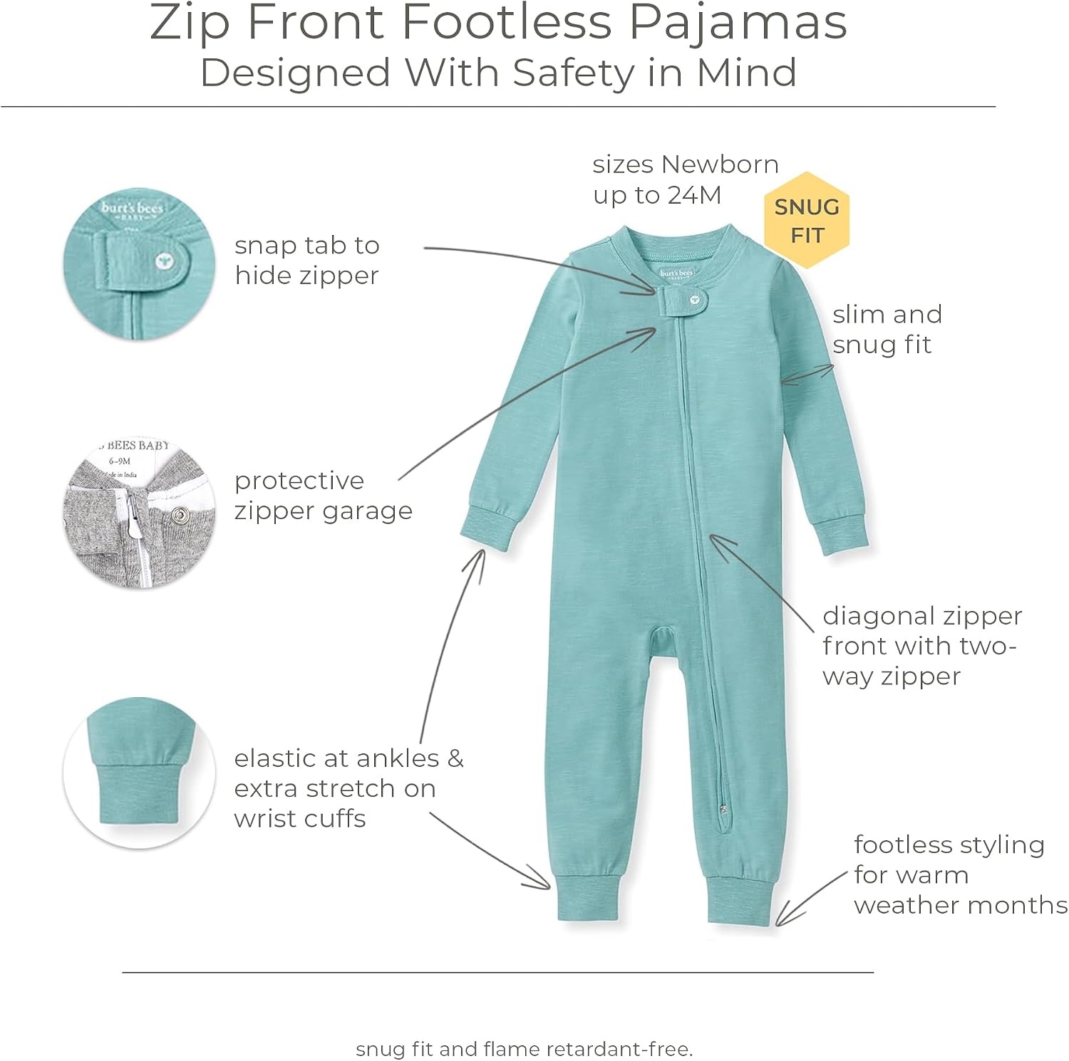 image:imageBurts Bees Baby Baby Honeysoft Pajamas Footless Onepiece Zipup Pj Soft Organic Cotton amp Lyocell BlendSeaglass Blue