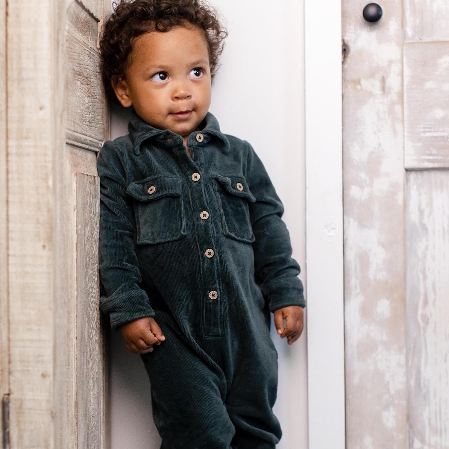 image:imageBurts Bees Baby Boys Jumpsuit 100 Organic Cotton Onepiece Long Sleeve Button Down CoverallGreen Corduroy