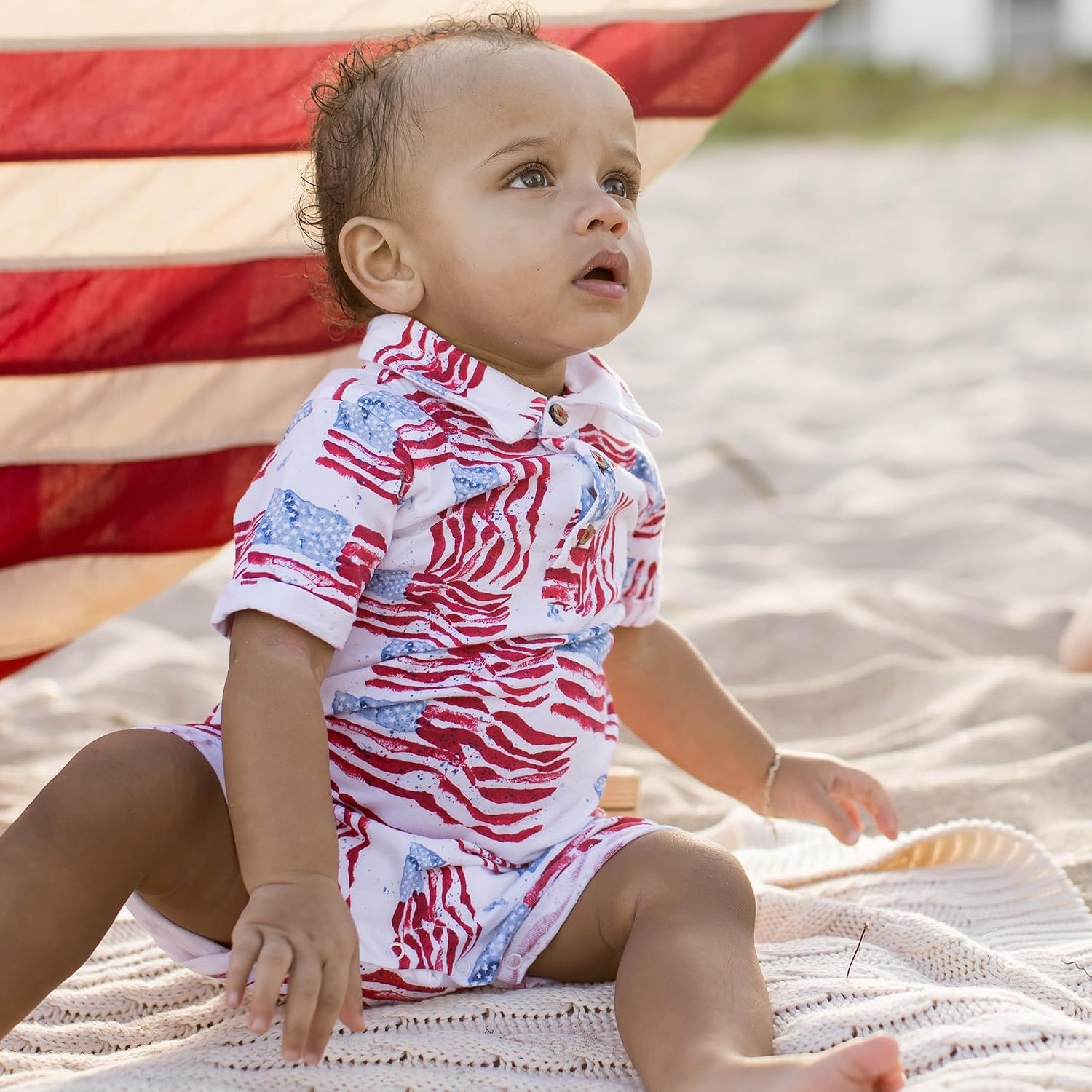 image:imageBurts Bees Baby Boys Polo Romper 100 Organic Cotton Onepiece Shortall and Layette SetMagestic Flags