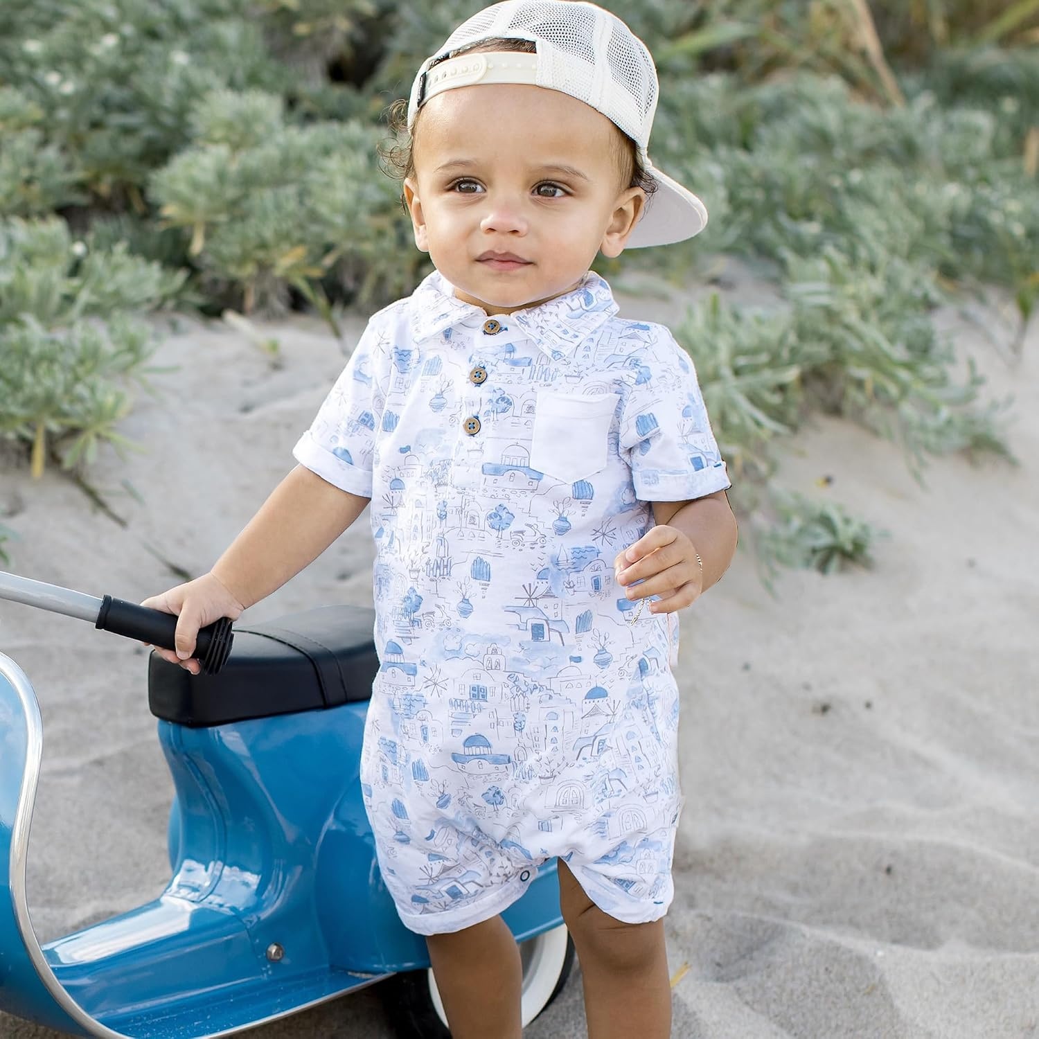 image:imageBurts Bees Baby Boys Polo Romper 100 Organic Cotton Onepiece Shortall and Layette SetSantorini