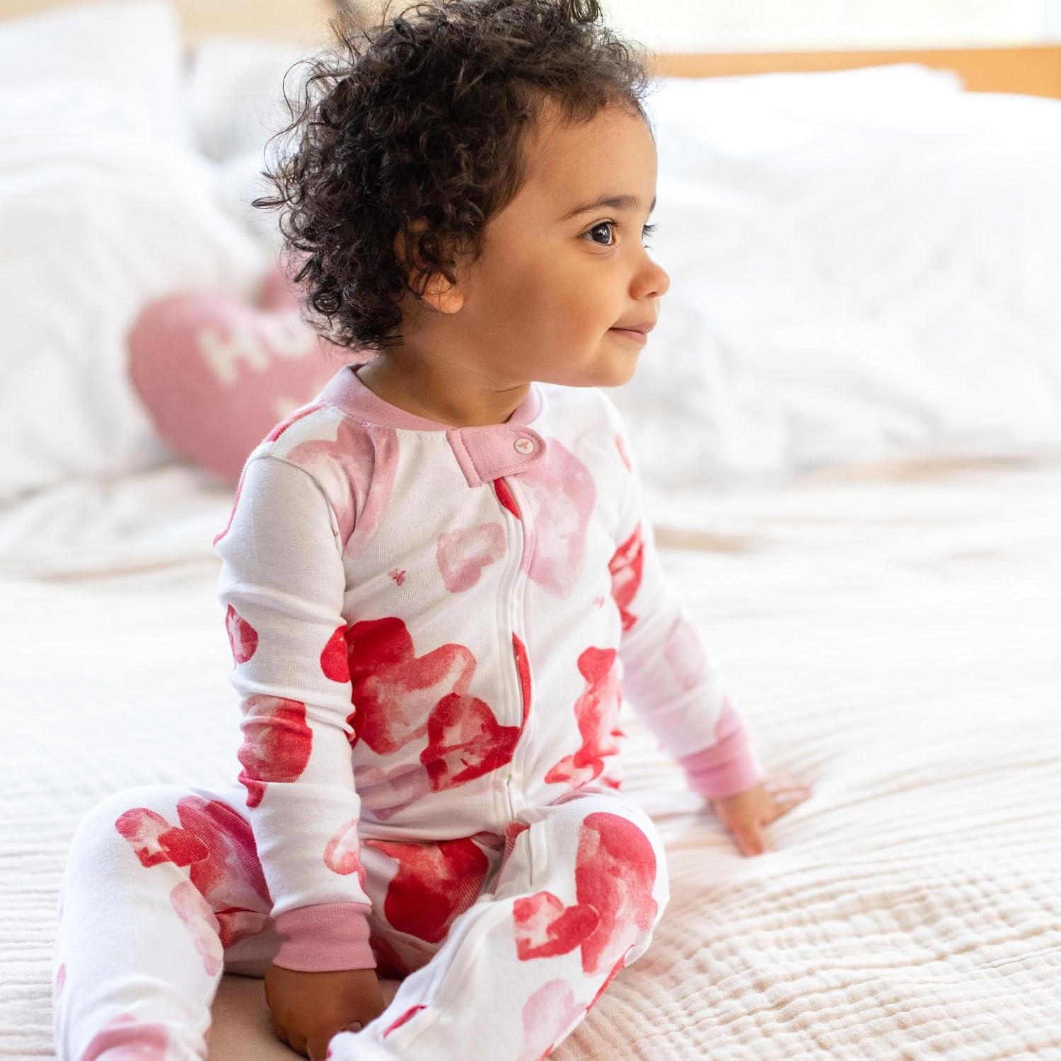 image:imageBurts Bees Baby Girls Sleeper Pajamas 100 Organic Cotton Onepiece PJs Diagonal Zip Up Jumpsuit Snug Fit FootieI Heart You