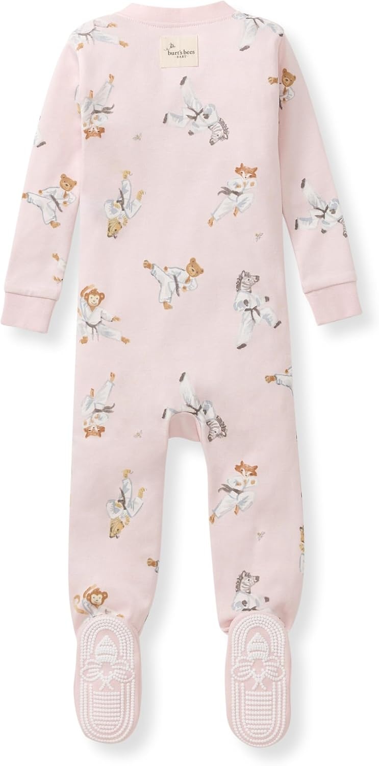 image:imageBurts Bees Baby Girls Sleeper Pajamas 100 Organic Cotton Onepiece PJs Diagonal Zip Up Jumpsuit Snug Fit FootieKarate Creatures