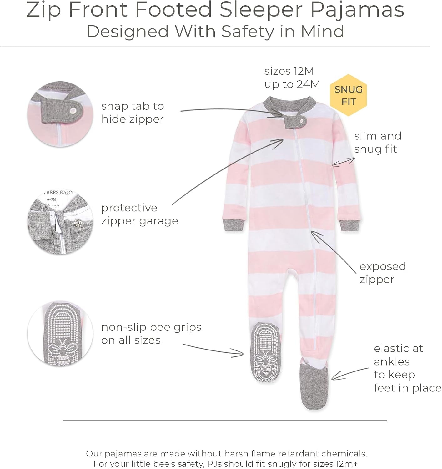 image:imageBurts Bees Baby Girls Sleeper Pajamas 100 Organic Cotton Onepiece PJs Diagonal Zip Up Jumpsuit Snug Fit FootieOh Deer