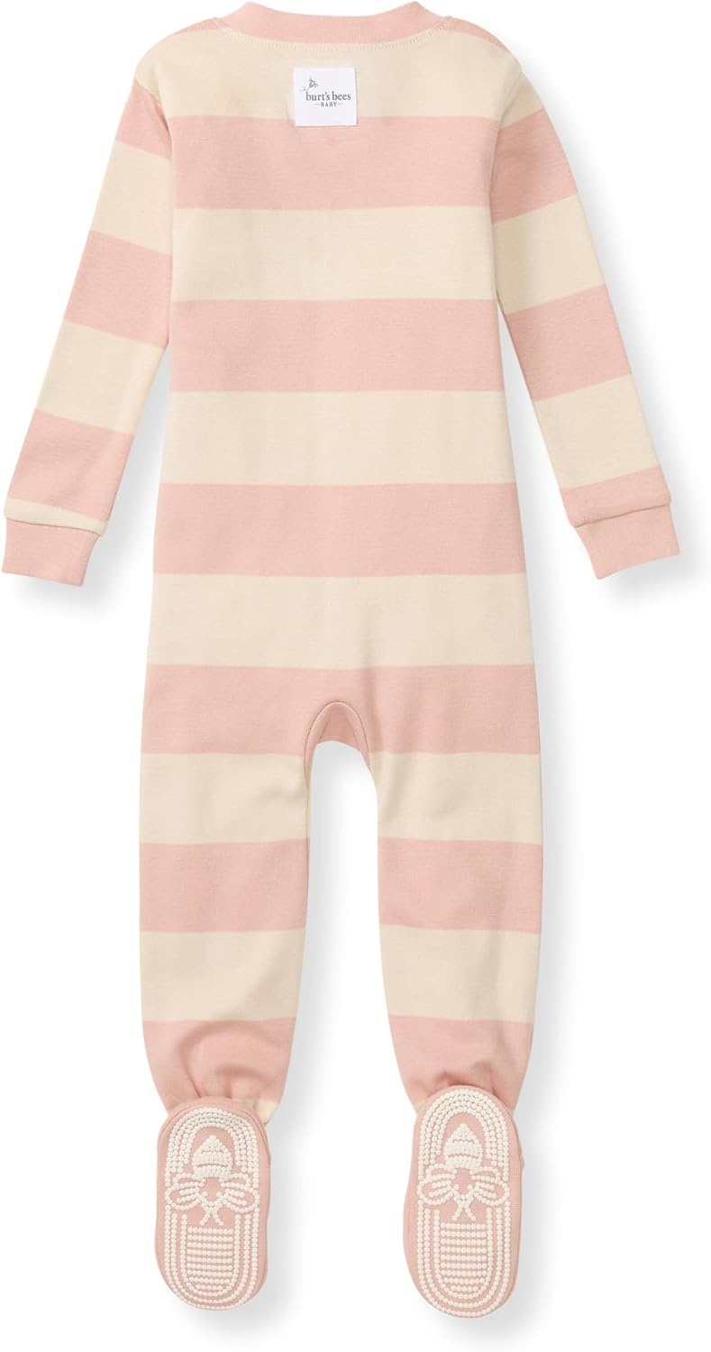image:imageBurts Bees Baby Girls Sleeper Pajamas 100 Organic Cotton Onepiece PJs Diagonal Zip Up Jumpsuit Snug Fit FootiePink Sand Rugby Stripe