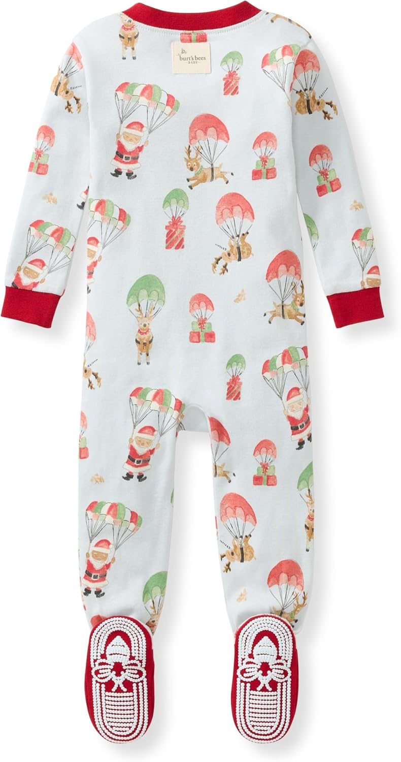 image:imageBurts Bees Baby Girls Sleeper Pajamas 100 Organic Cotton Onepiece PJs Diagonal Zip Up Jumpsuit Snug Fit FootieSanta in the Sky