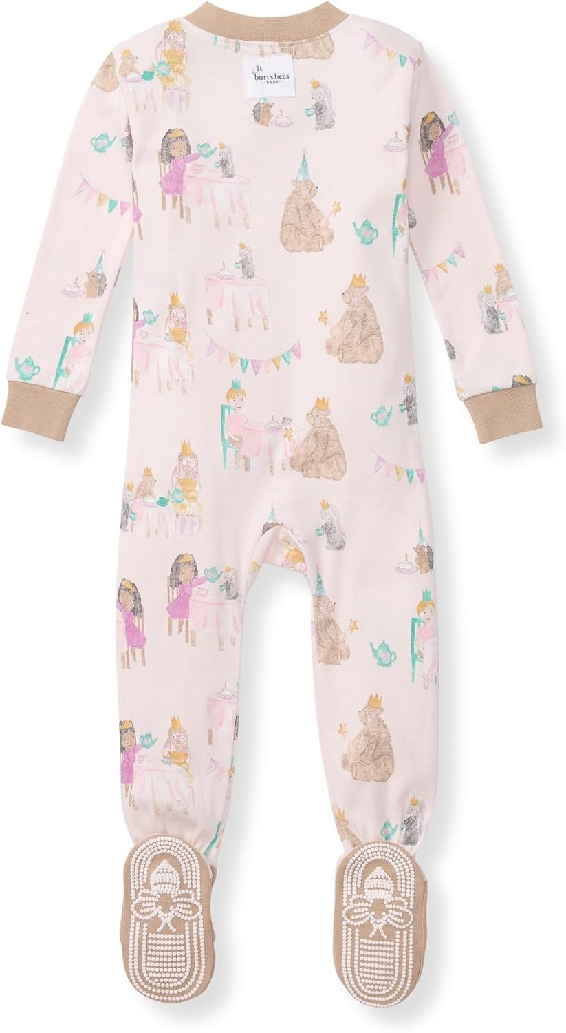 image:imageBurts Bees Baby Girls Sleeper Pajamas 100 Organic Cotton Onepiece PJs Diagonal Zip Up Jumpsuit Snug Fit FootieTea Time