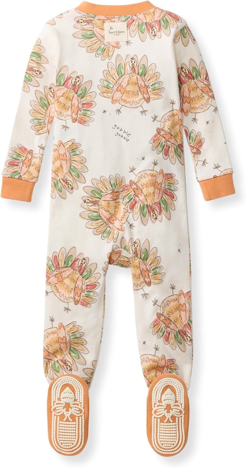 image:imageBurts Bees Baby Girls Sleeper Pajamas 100 Organic Cotton Onepiece PJs Diagonal Zip Up Jumpsuit Snug Fit FootieVivid Turkey