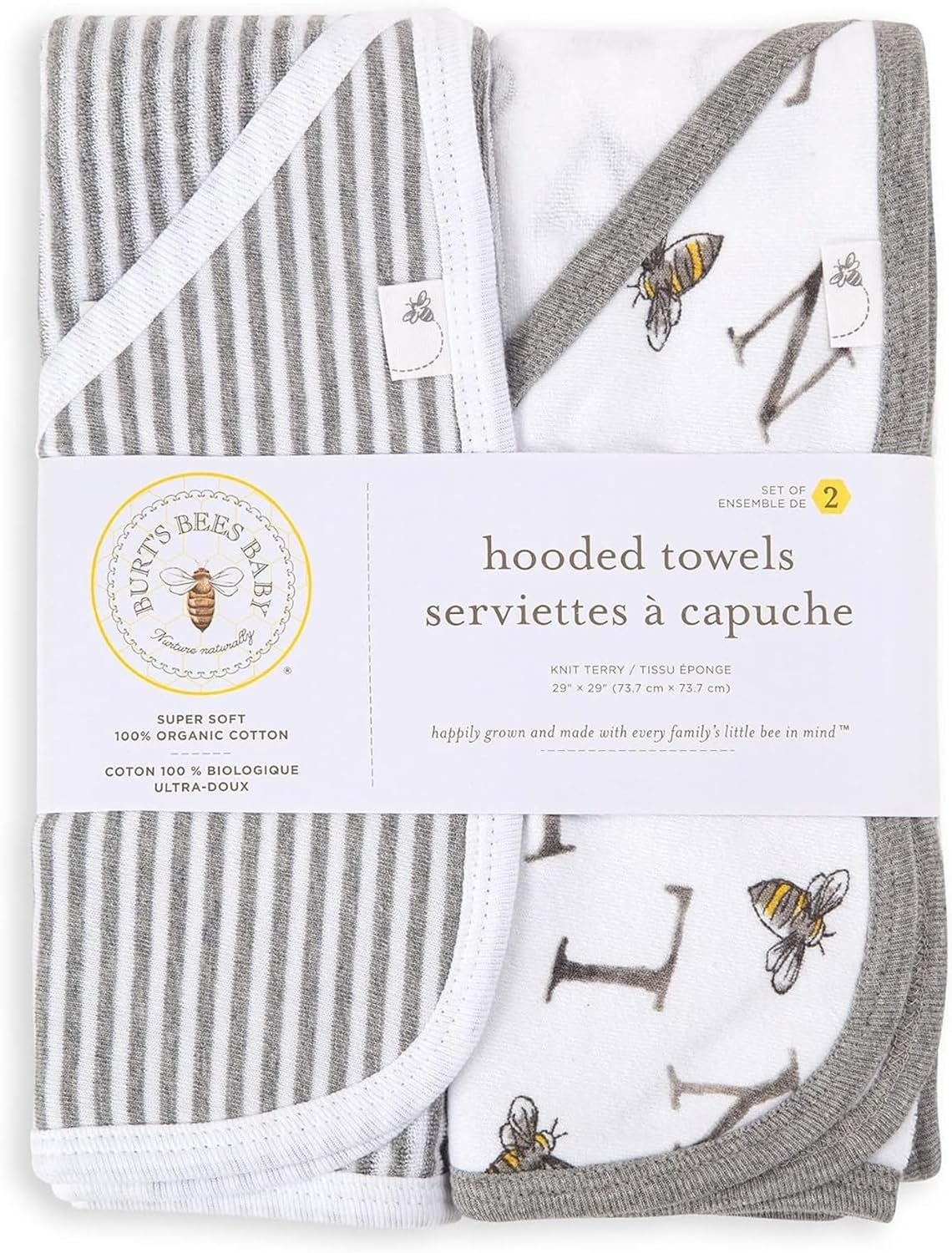 image:imageBurts Bees Baby Infant Hooded Towels Organic Cotton Unisex Bath Essentials Nursery Towel with Hood Set 29 x 29 in 2PackAlphabet