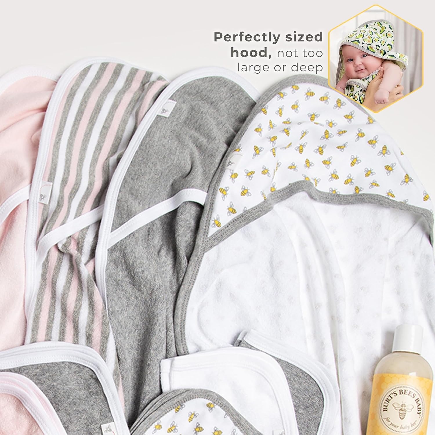 image:imageBurts Bees Baby Infant Hooded Towels Organic Cotton Unisex Bath Essentials Nursery Towel with Hood Set 29 x 29 in 2PackGreen Avocados