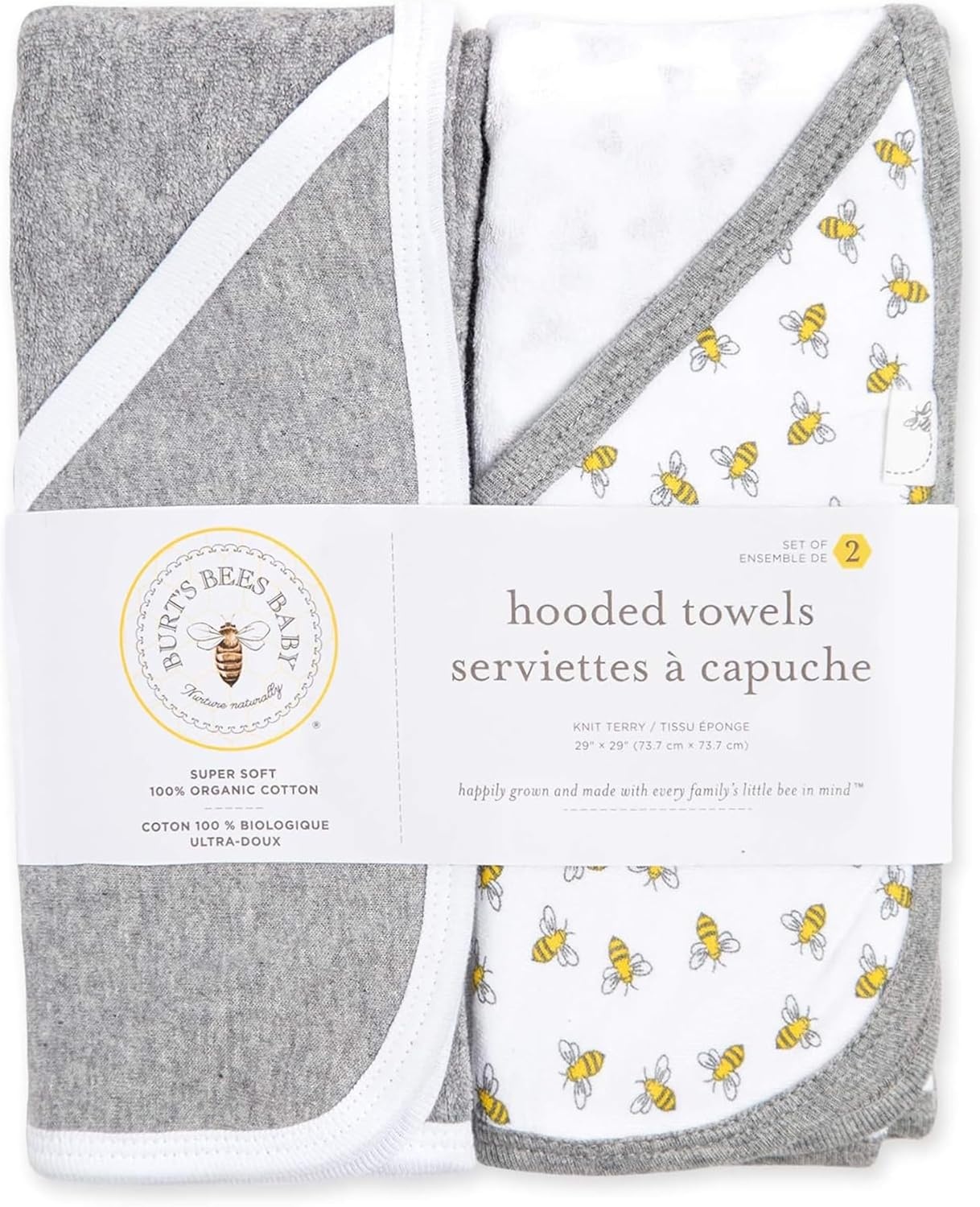 image:imageBurts Bees Baby Infant Hooded Towels Organic Cotton Unisex Bath Essentials Nursery Towel with Hood Set 29 x 29 in 2PackGrey Yellow Bees
