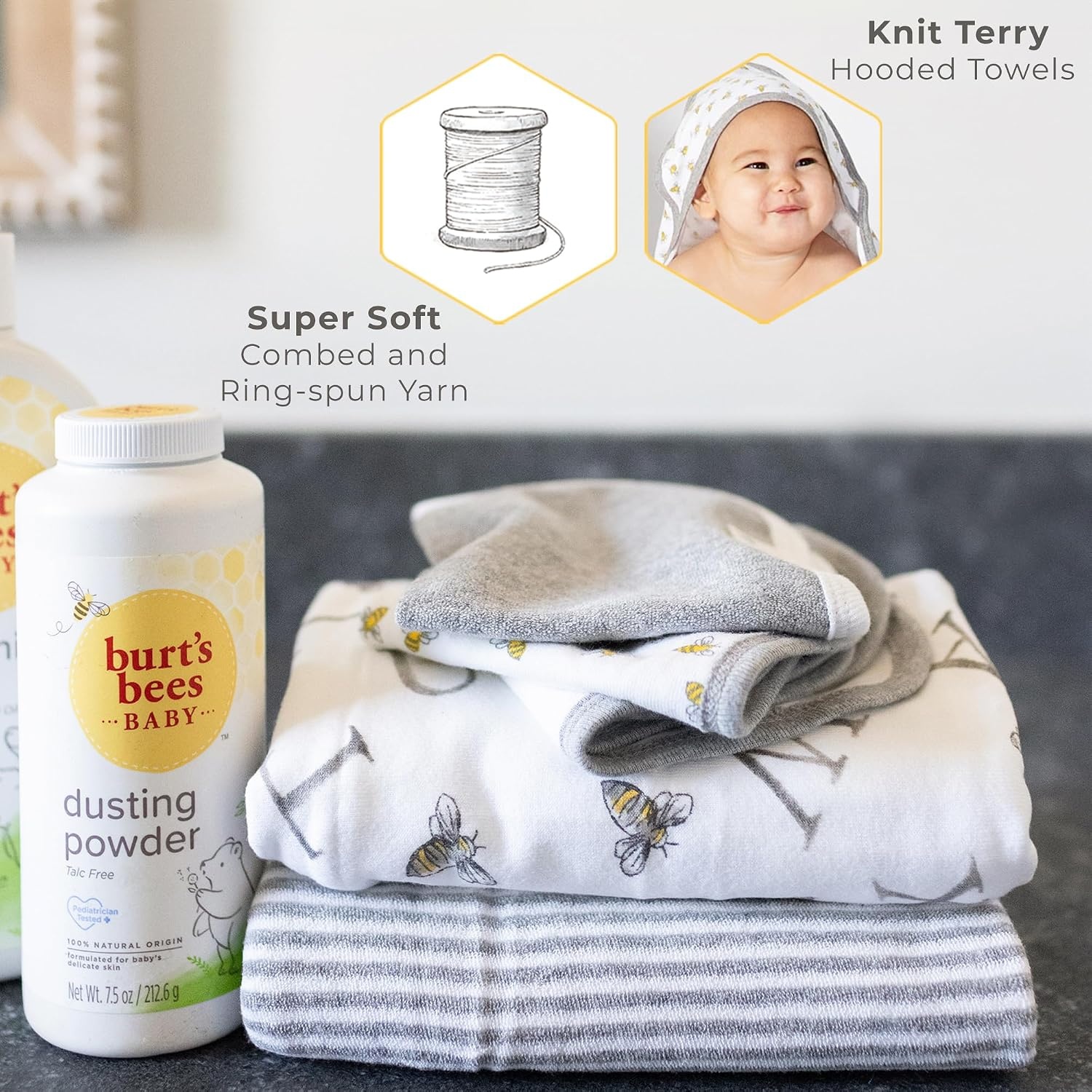 image:imageBurts Bees Baby Infant Hooded Towels Organic Cotton Unisex Bath Essentials Nursery Towel with Hood Set 29 x 29 in 2PackGrey Yellow Bees