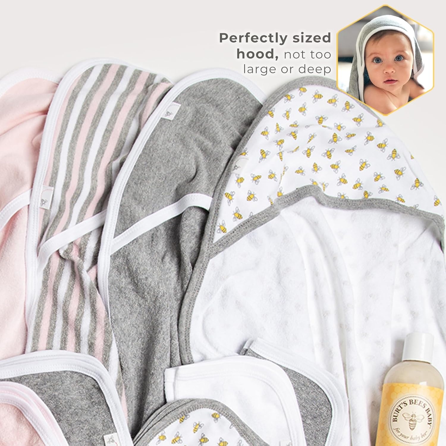 image:imageBurts Bees Baby Infant Hooded Towels Organic Cotton Unisex Bath Essentials Nursery Towel with Hood Set 29 x 29 in 2PackHeather Grey