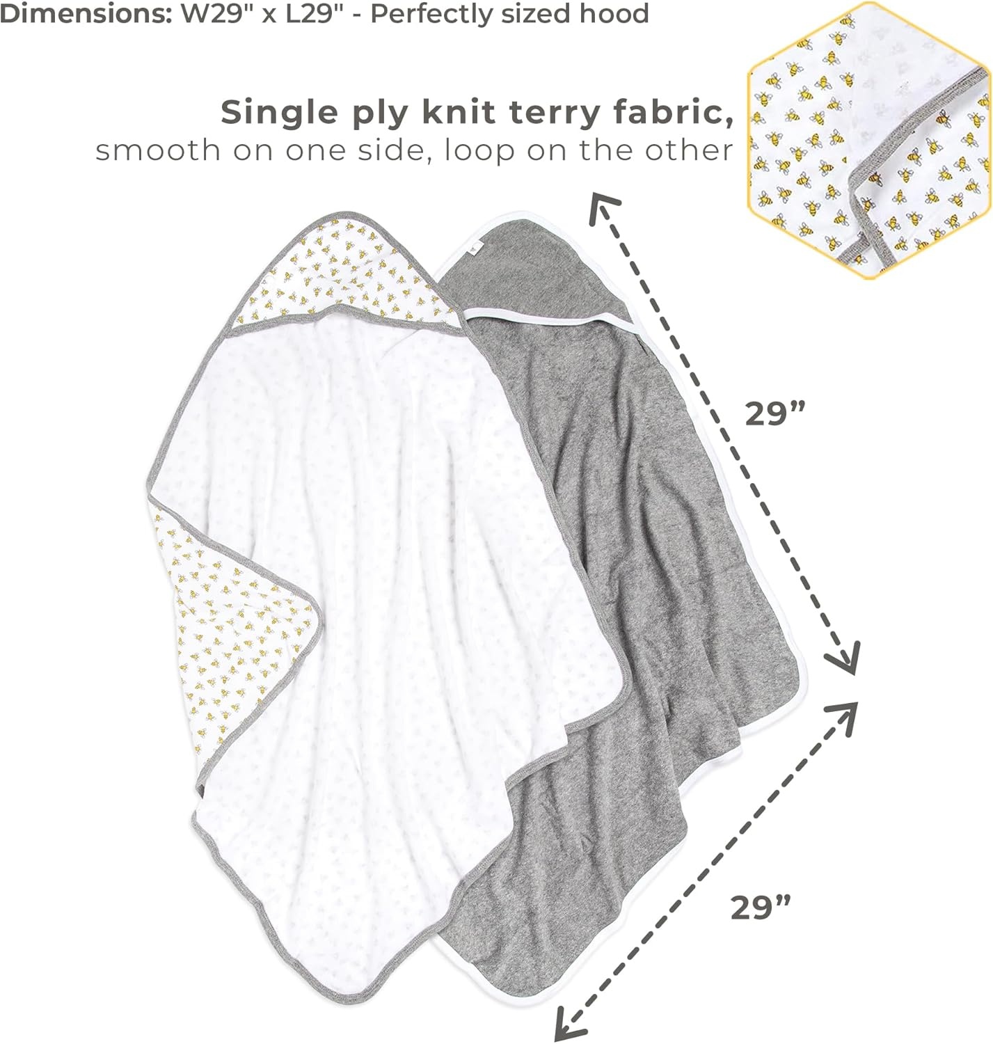 image:imageBurts Bees Baby Infant Hooded Towels Organic Cotton Unisex Bath Essentials Nursery Towel with Hood Set 29 x 29 in 2PackHoneybeeGrey