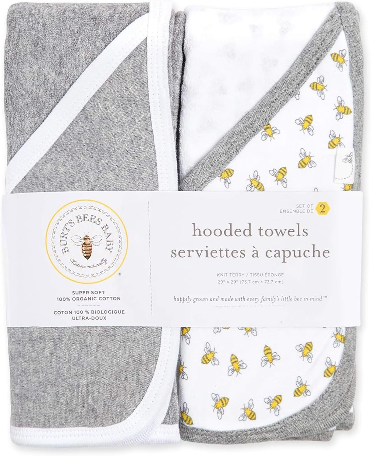 image:imageBurts Bees Baby Infant Hooded Towels Organic Cotton Unisex Bath Essentials Nursery Towel with Hood Set 29 x 29 in 2PackHoneybeeGrey